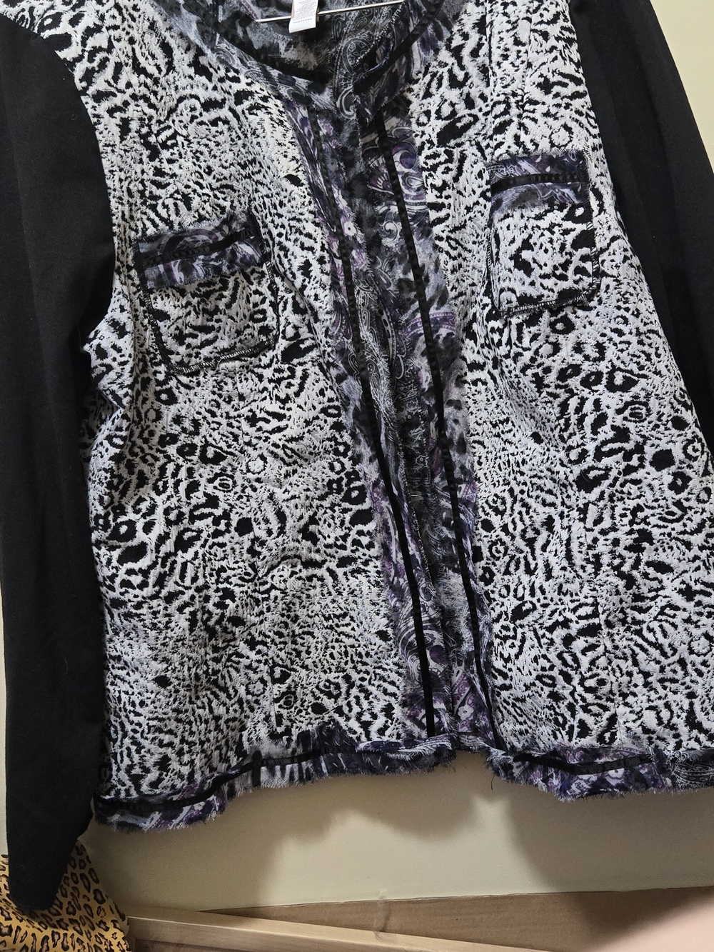 Chico's Black & White Animal Print Jacket with Purple Trim